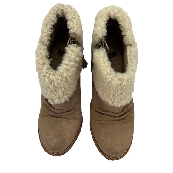 UGG Australia 1001715 Suede Shearling Cuff Boots Women’s Size 7 Tan Zip 5" Heel - Picture 3 of 13